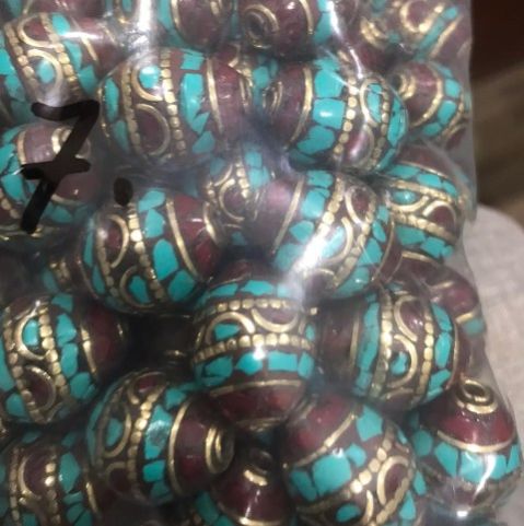 Green Stone Set Brass Beads