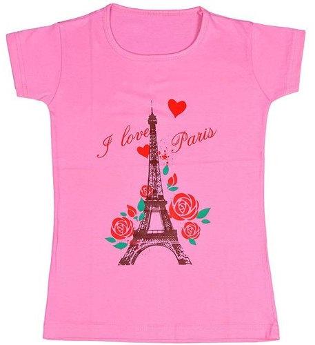 Printed Cotton Girls Pink T-Shirt, Feature : Breathable