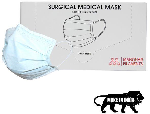 Manohar Filaments Non Woven 3 Ply Surgical Mask, for Clinical, Hospital, Laboratory, rope length : 5inch