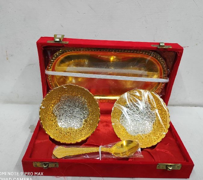 Brass Bowl Spoon and Tray Set, Color : Copper