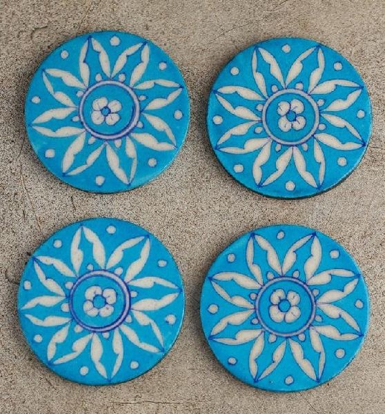 Round Blue Pottery Ceramic Coaster, for Restaurant Use, Feature : Long Life