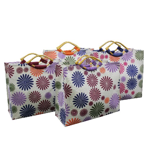 Multicolor Floral Print Jute Tote Bag