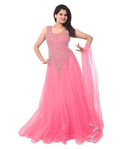 Embroidered Satin Net Party Wear Gown, Size : L, XL, XXL