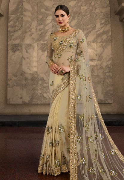 Embroidered Net Party Wear Sarees, Feature : Anti Shrink, Anti Wrinkle