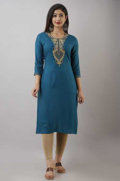Embroidery Women Blue Rayon Kurta, Size : S, XL, XXL, Gender