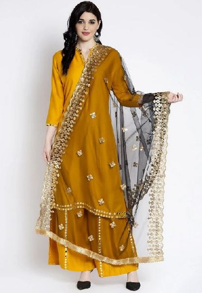 Embroidered Black Embellished Net Dupatta, Technics : Machine Made