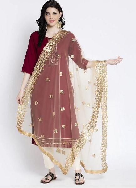 Embroidered Fawn Embellished Net Dupatta, Technics : Machine Made