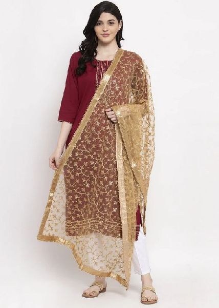 Embroidered Golden Embellished Net Dupatta, Technics : Machine Made