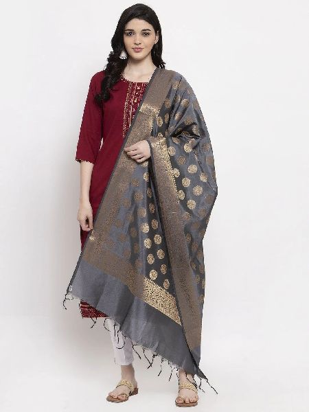 Grey & Gold Banarsi Silk Dupatta, Technics : Machine Made