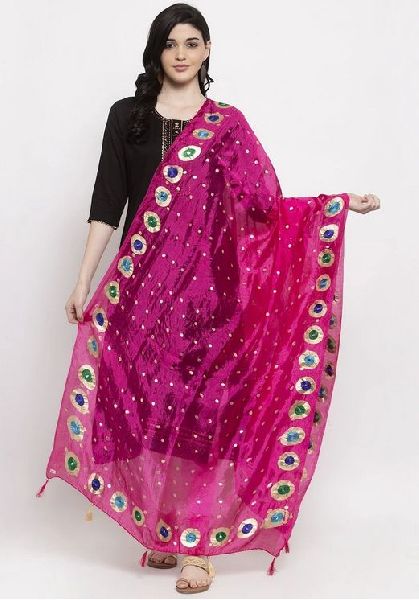 Magenta Printed Silk Dupatta, Technics : Machine Made