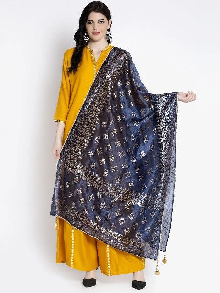 Navy Blue Printed Silk Dupatta, Technics : Machine Made