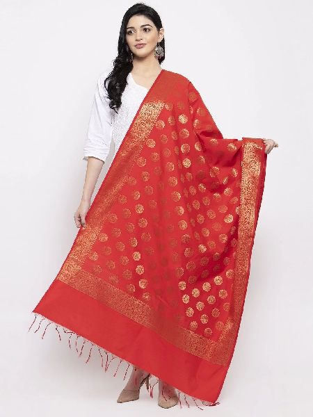 Red & Gold Banarsi Silk Dupatta, Technics : Machine Made