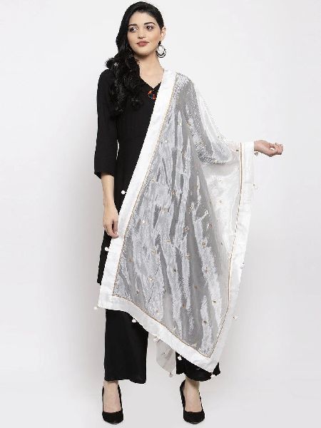 White Polka Dot Silk Dupatta, Technics : Machine Made