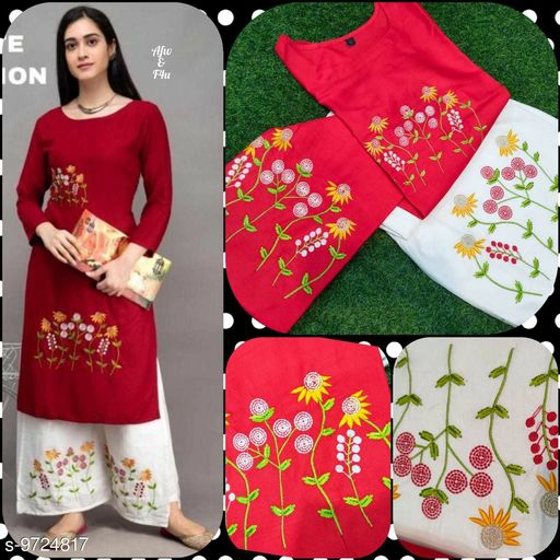 Maroon Double Embroidery Kurtis With Palazzo, Color : Yellow, White, Red, Purple, Off White, Green