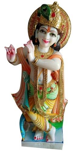 Painted Marble Krishna Statue