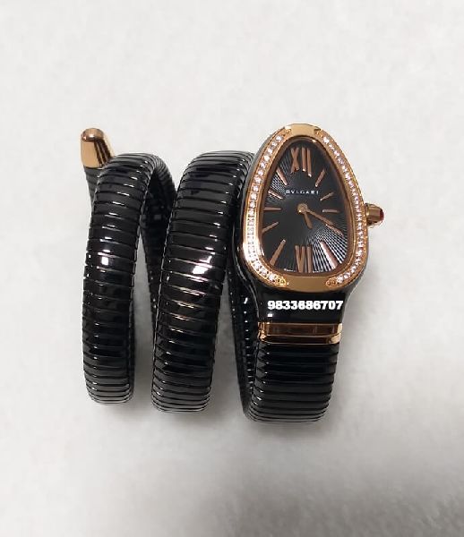 Bvlgari Serpenti Steel Black Dial Gold Roman Marking Diamond Bezel Women&amp;rsquo;s Watch