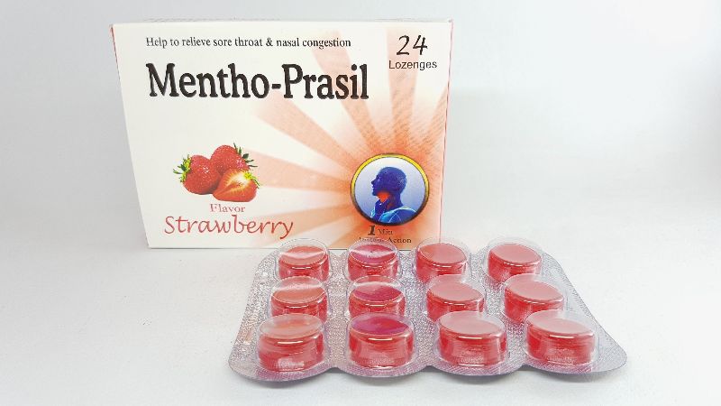 Strawberry Mentho-Prasil Lozenges, Color : Red