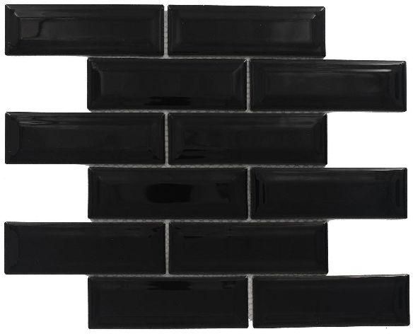 Brick Offset Glossy Black Mosaic Tiles