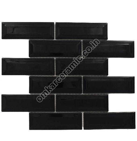 Brick Offset Glossy Black Mosaic Tiles, Packaging Type : Carton Box