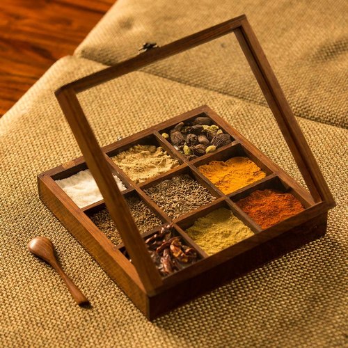 Tamanna Handicrafts Square Wooden Spice Box, Color : Brown
