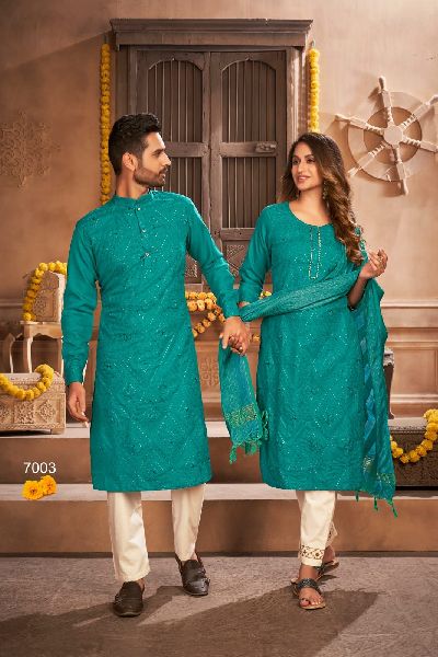 Embroidered Couple Matching Dress, Machine wash, Ethnic Wear at Rs