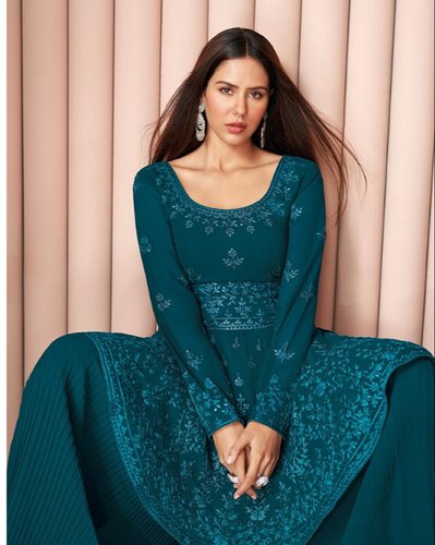 Aashirvaad Blue Embroidered Georgette Fancy Sharara, Occasion : Party Wear