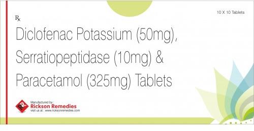 Diclofenac Potassium, Serratiopeptidase and Paracetamol Tablets, Packaging Size : 10x10 Tablet