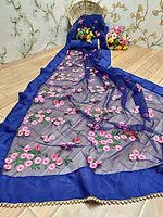  Embroidered Blue Net Saree, Saree Length : 6.3 Meter