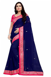  Embroidered Dark Blue Georgette Saree, Width : 6.5 Meter