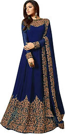  Embroidered Chiffon Dark Blue Long Gown, Size : S to XL