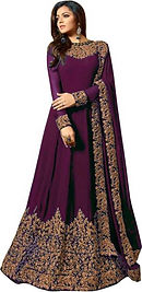  Embroidered Chiffon Dark Purple Long Gown, Size : S to XL