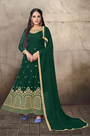  Embroidered Chiffon Green Long Gown, Size : S To XL