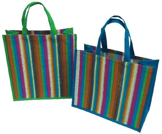 PP Laminated Striped Print Jute Tote Bag