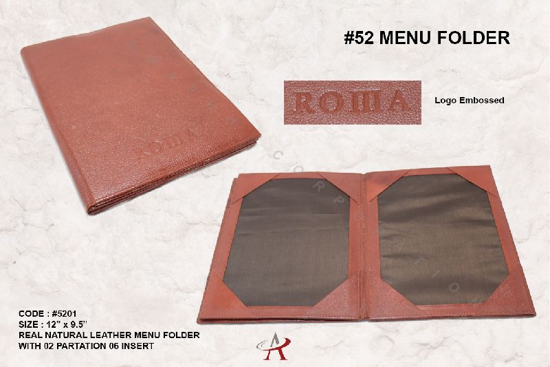 Brown Leather Menu Folder, Size : 12 X 9.5 Inches