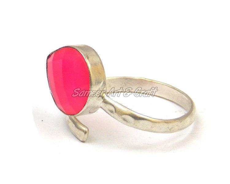 Hot Pink Chalcedony Gemstone Ring with Silver Plated