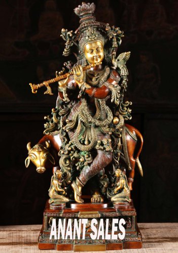 Anant Sales Brass Cow Krishna Statue, Color : Multicolor