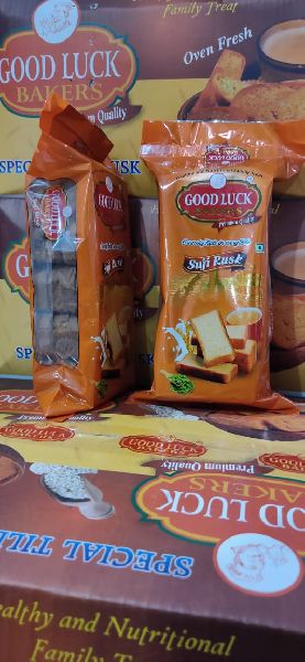 Good Luck Bakers Suji Rusk, for Breakfast Use, Packaging Type : Plastic Packets