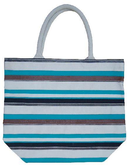Padded Rope Handle Natural Canvas Multicolor Stripe Printed Tote Bag, Application : Shopping