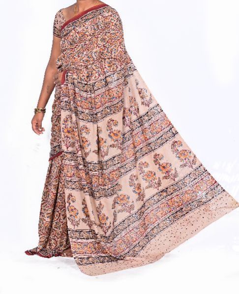 Cream Kalamkari Hand Blocked Silk Sarees