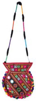Embroidered Cotton Ladies Round Sling Bag, Size : Standard