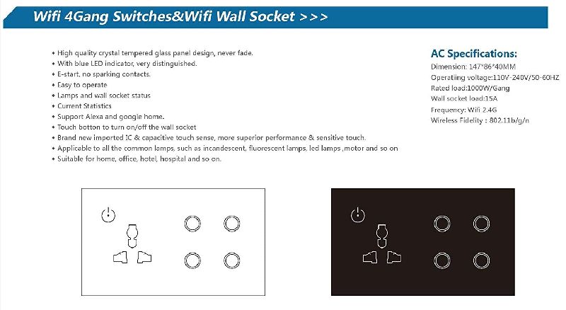 SmartiQo WiFi Glass Panel 4 Touch Switch and Socket