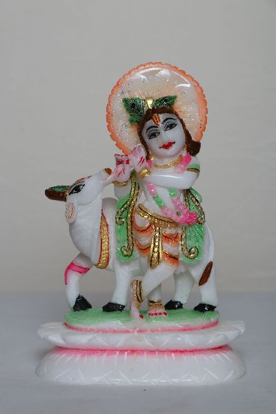 White Marble Krishna Statue with Cow, Color : Multicolors