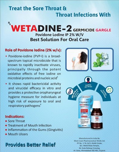Wetadine-2 Germicide Gargle Povidone Iodine Solution, Packaging Type : Bottle