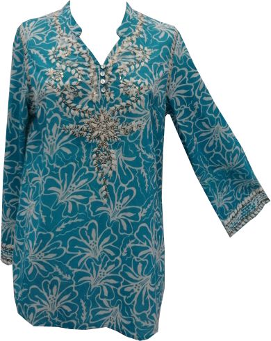 Cotton Organdy Printed and Hand Embroidered Tunic