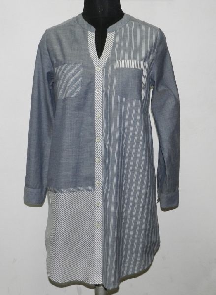 Ladies Cotton Woven Stripes Patchwork Long Shirts