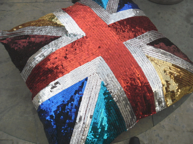 Square Union Jack Fully Sequin Pillows, Color : Blue, Red, White