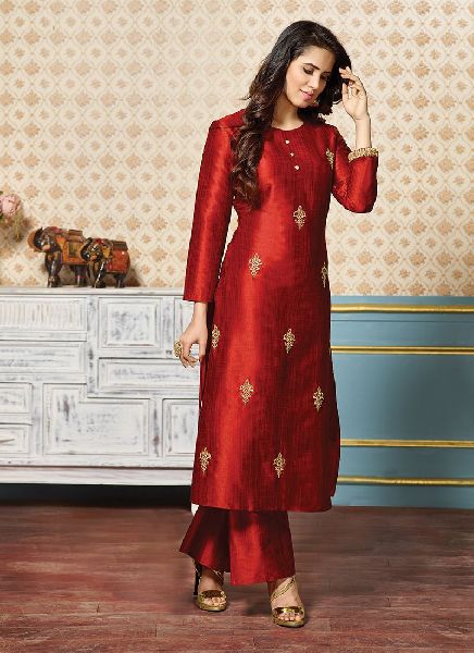 Brown Color Embroidered Rayon Fabric Party Wear Kurti