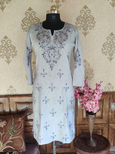 Grey Aari Embroidered Kashmiri Kurti