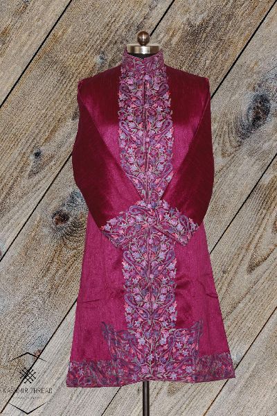 Pink Aari Embroidered Kashmiri Long Coat