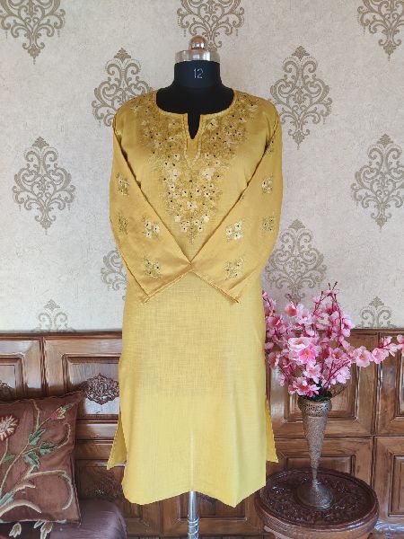 Yellow Floral Embroidered Kashmiri Kurti, Size : XL